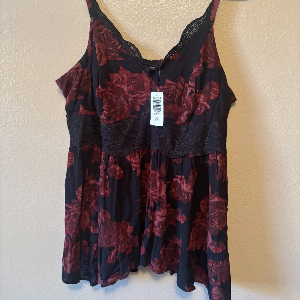 Black & Red Floral Babydoll Gauze Lace Cami - New with Tags - Torrid - 1 / 1X